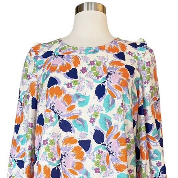 CECILIE COPENHAGEN Mirna Dress Mini Shift Ivory Blue Orange Floral Large NWT - Picture 6 of 11